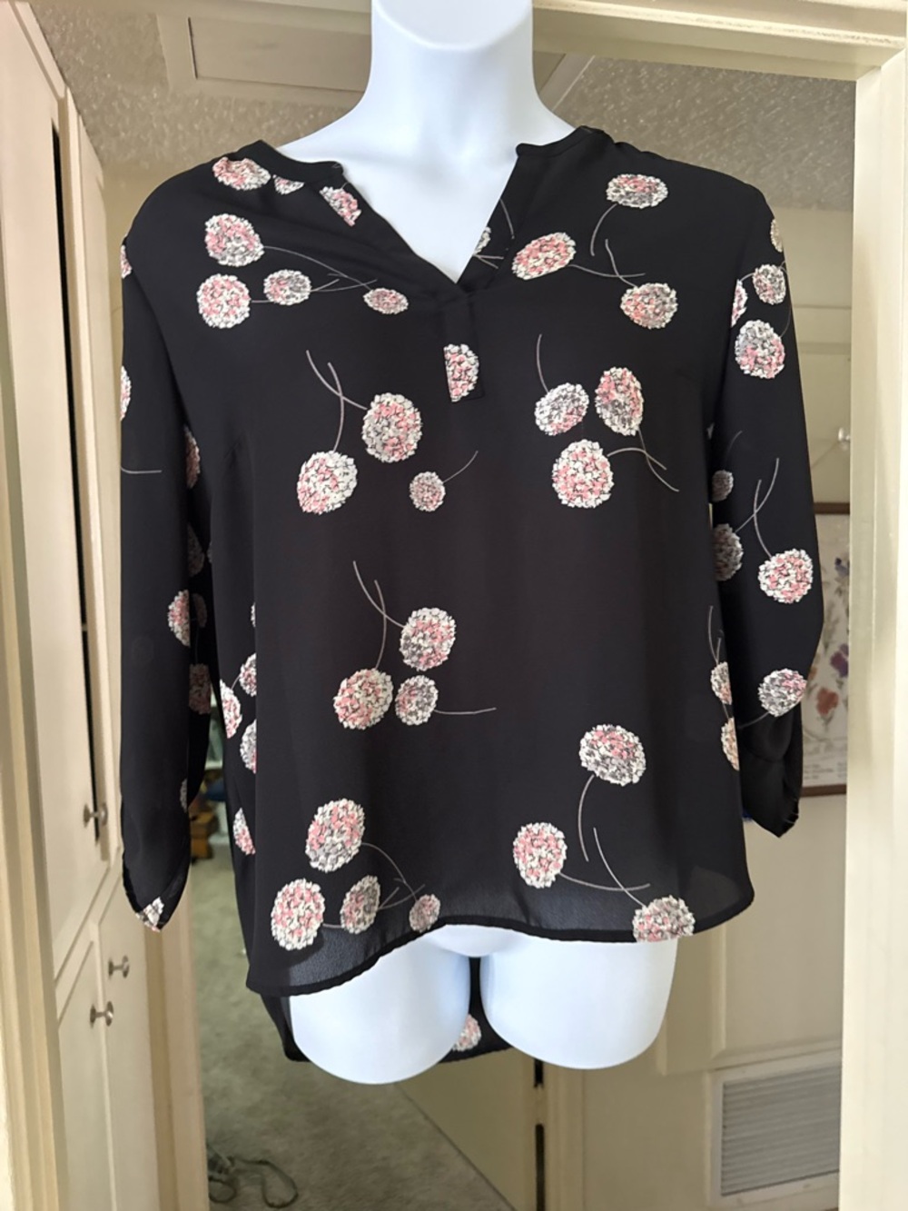 Daniel Rainn Black Floral Dot V-Neck Blouse